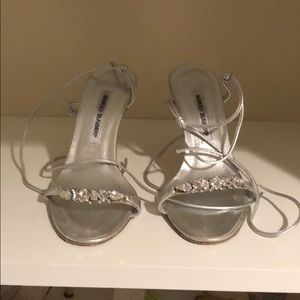 Manolo Blahnik silver strappy heels